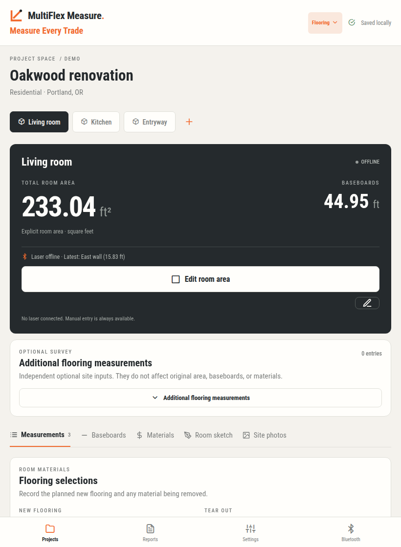 English Web app screen with synthetic sample data showing the Flooring Measures menu.