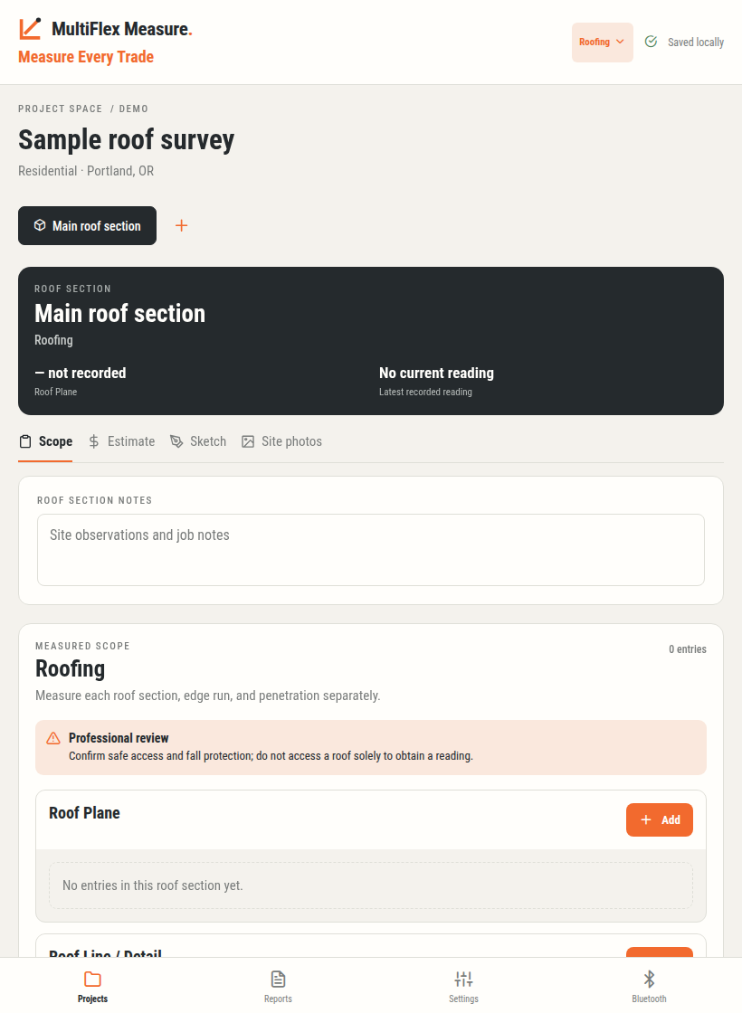 English Web app screen with synthetic sample data showing the Roofing Measures menu.